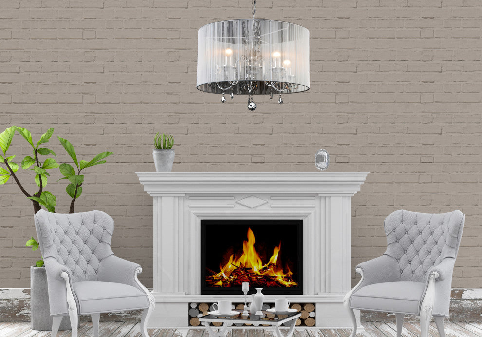 White String Shade Fixture With Chrome and Crystal, 5-Light