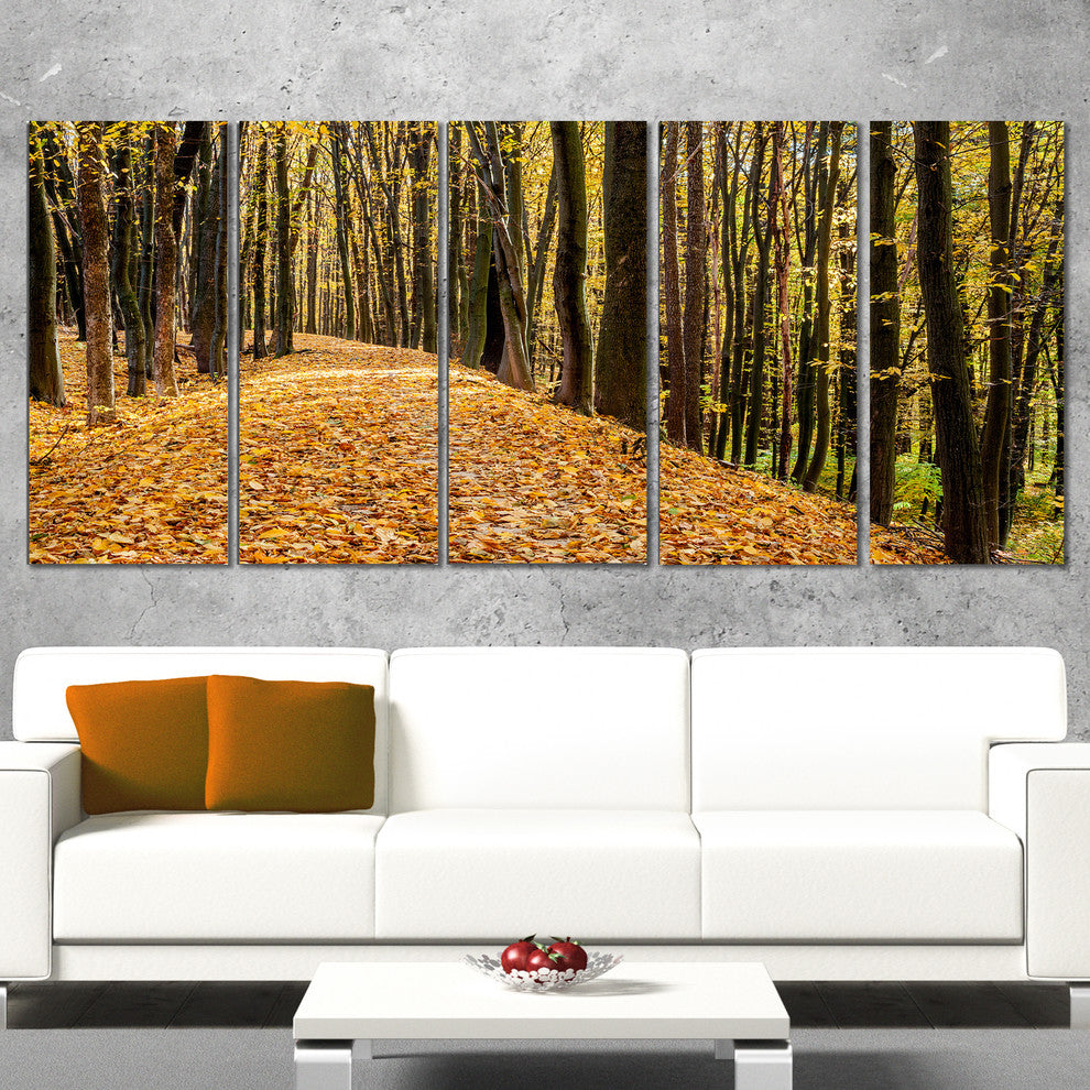 Dense Autumn Forest Woods, Modern Forest Canvas Art, 60"x28", 5 Panels