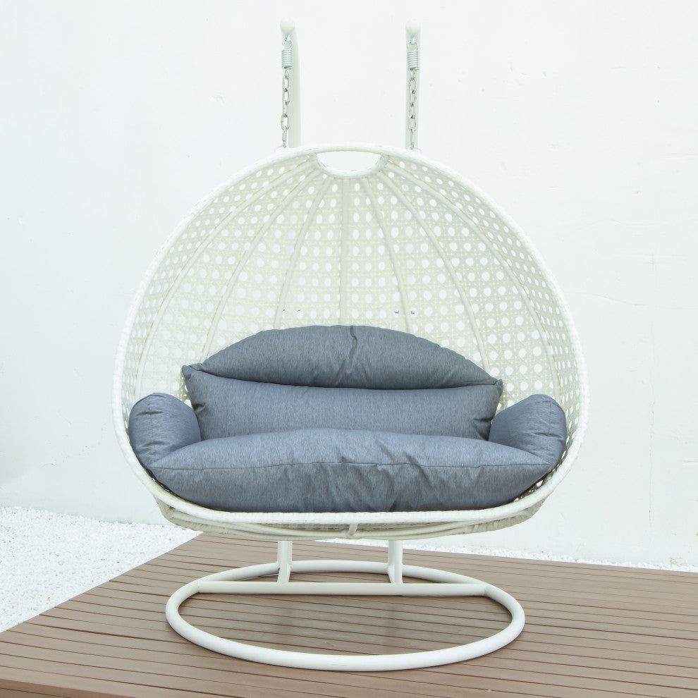 2 Person White Wicker Double Hanging Egg Swing Chair, Charcoal Blue