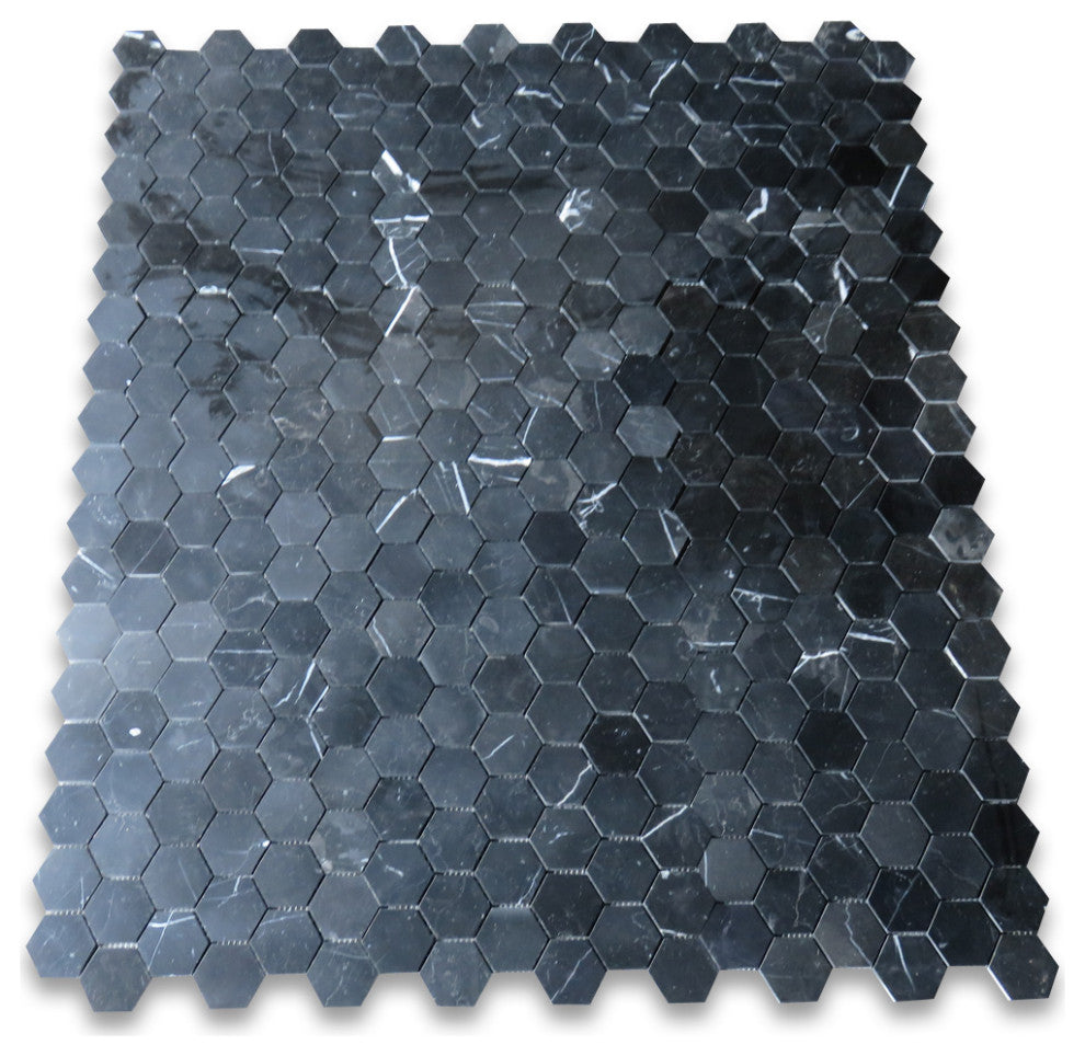 Nero Marquina Black Marble 2 inch Hexagon Mosaic Tile Polished, 1 sheet