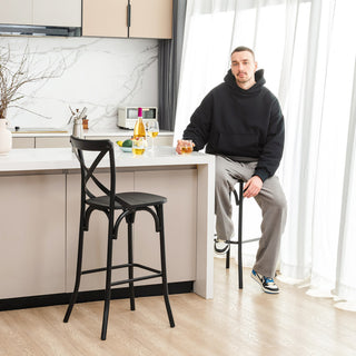 Black Steel Bar Stool With Solid Elm Wood Seat and Back Support, Set of 2