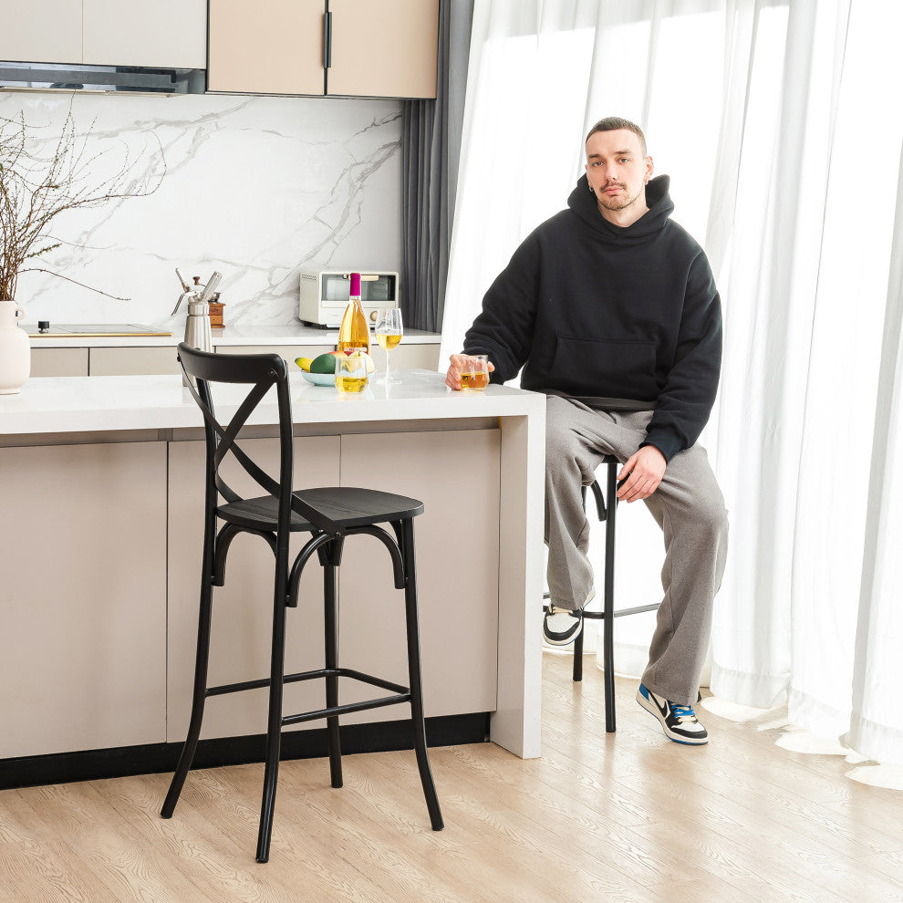 Black Steel Bar Stool With Solid Elm Wood Seat and Back Support, Set of 2