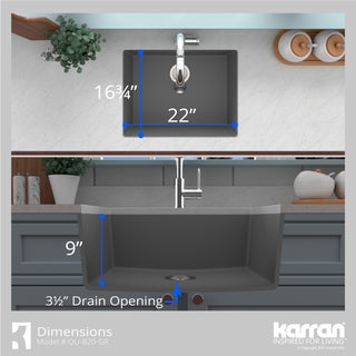 Karran QU-820 Undermount 24.38, Single Bowl Quartz Sink Kit, Grey