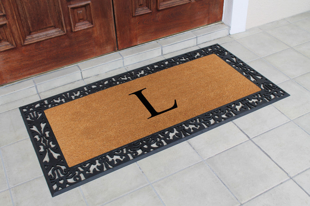 A1HC Rubber and Coir Paisley Border Durable Monogram Doormat 30"x60", Black, L