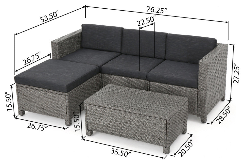 GDF Studio Lorita Outdoor 5-Piece Gray Wicker Sectional Sofa With Black Cushions
