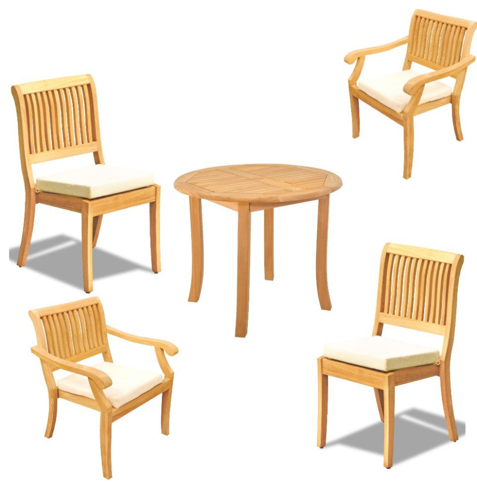 5-Piece Outdoor Patio Teak Dining Set, 52" Round Table, 4 Arbor Stacking Chairs