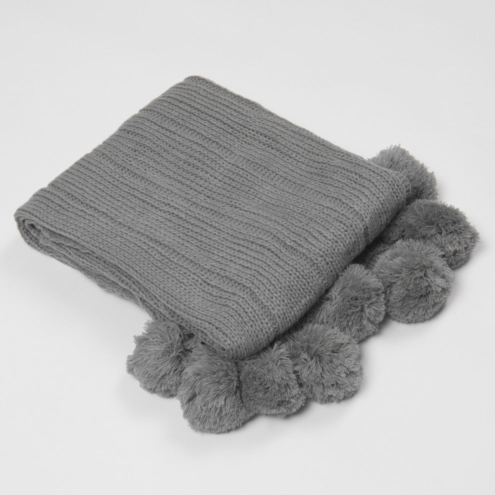 Knitted Pom Throw, Grey