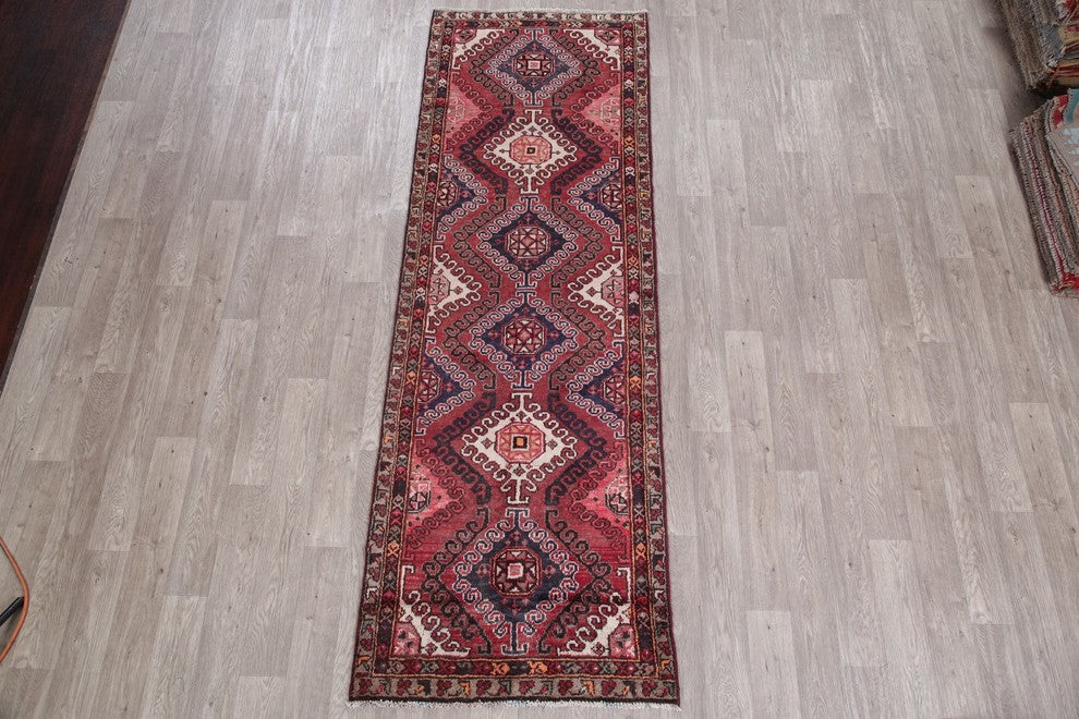 Consigned, Vintage Handmade Persian Oriental Low Pile Carpet, Red, 9'6"X3'2"