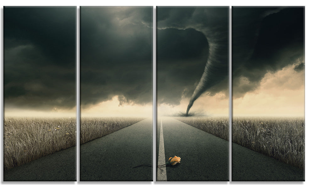 Yellow Rose on the Dark Road, Landscape Canvas Art Print, 48"x28", 4 Panels