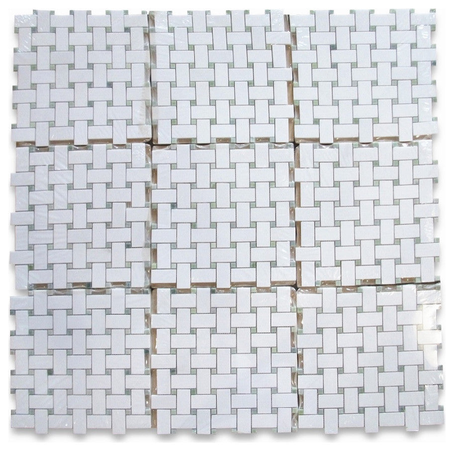 Thassos White Marble 1x2 Basketweave Mosaic Tile Green Dots Honed, 1 sheet