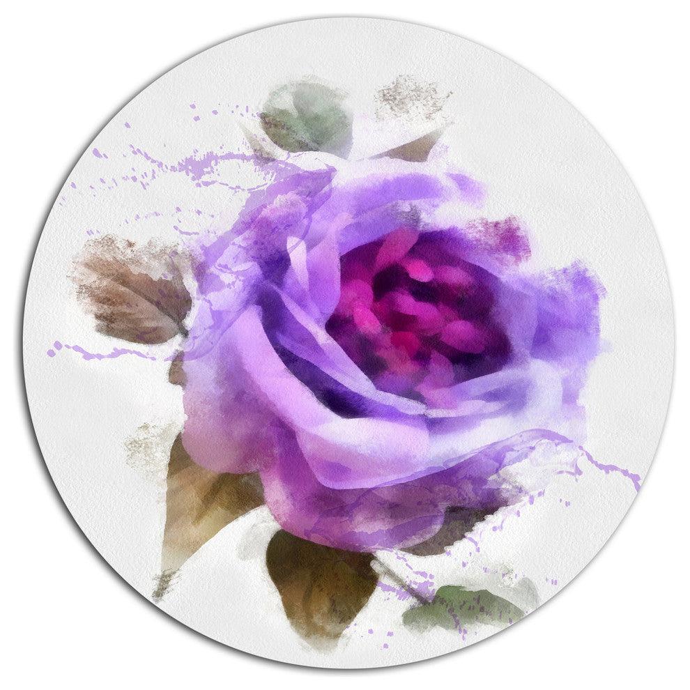 Watercolor Purple Rose With Leaves, Floral Disc Metal Wall Art, 36"