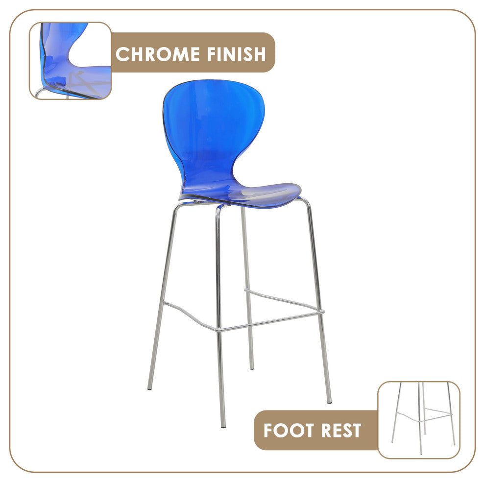 LeisureMod Oyster Acrylic Barstool With Steel Frame Set of 2, Transparent Blue