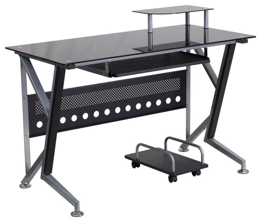 Black Glass Computer Desk With Pull-Out Keyboard Tray and CPU Cart