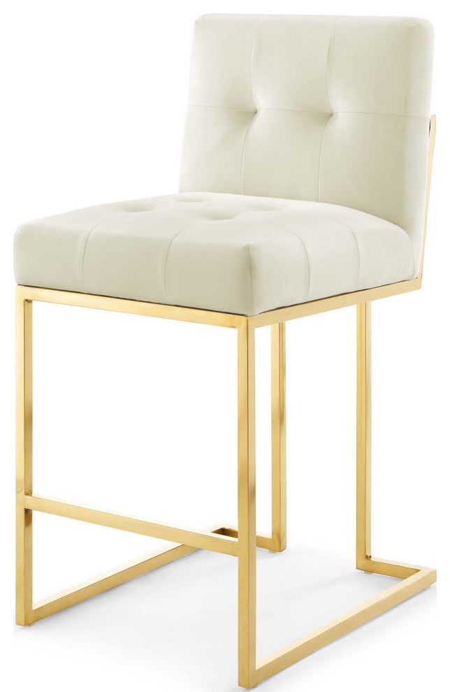 Counter Stool Chair, Velvet, Metal, Gold Ivory White, Modern, Bar Pub Bistro