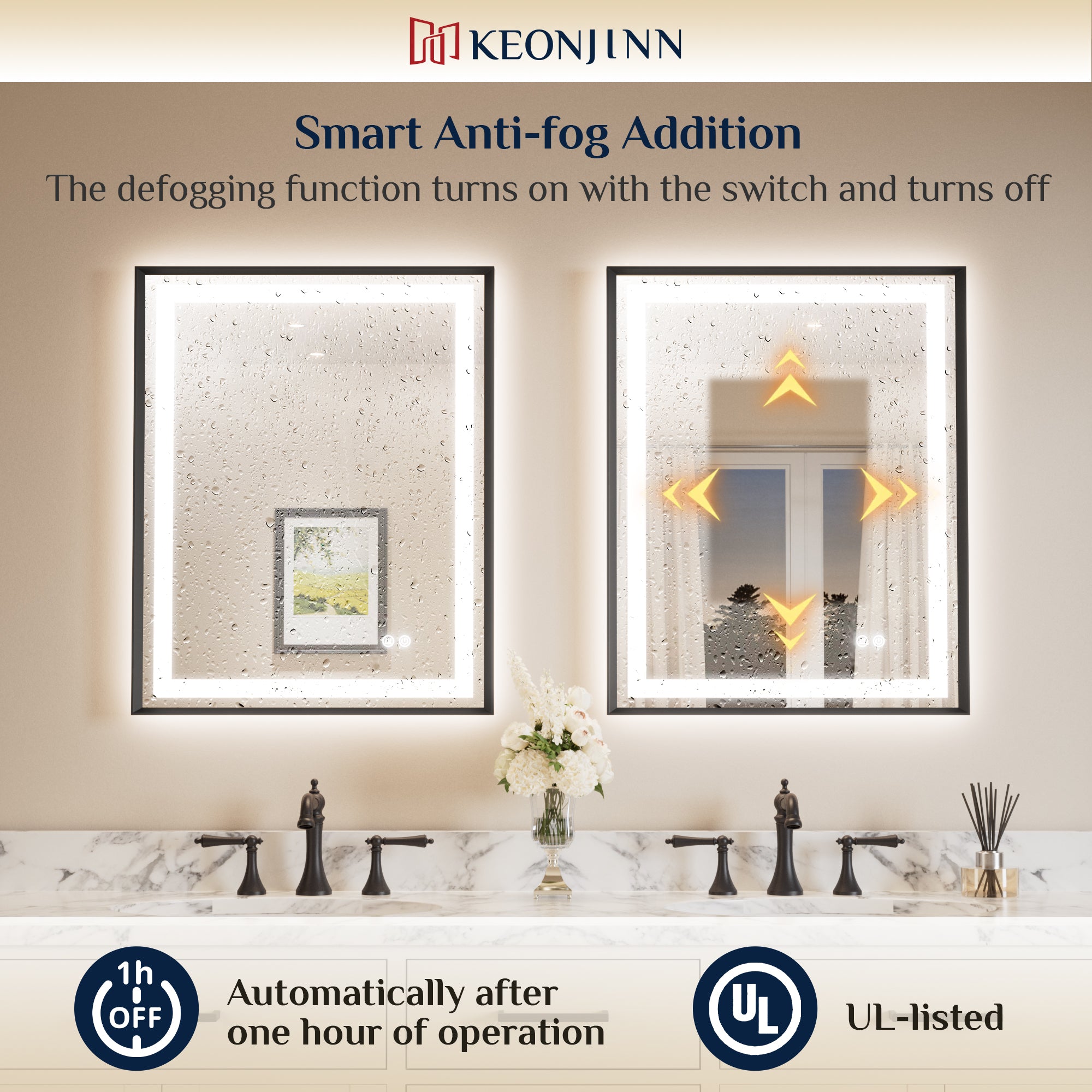 LED Vanity Mirror With Lights Metal Framed Front & Backlit, Dimmable, Black, 55x36