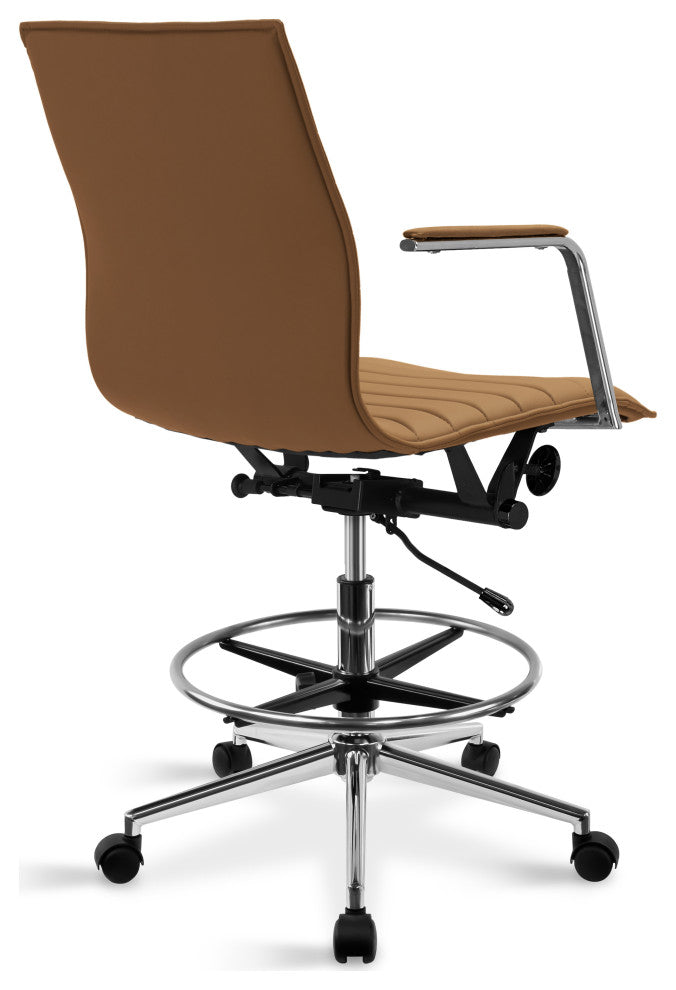 Drafting Chair Upholstered PU Leather Ribbed Mid Back Swivel Armchair, Tan