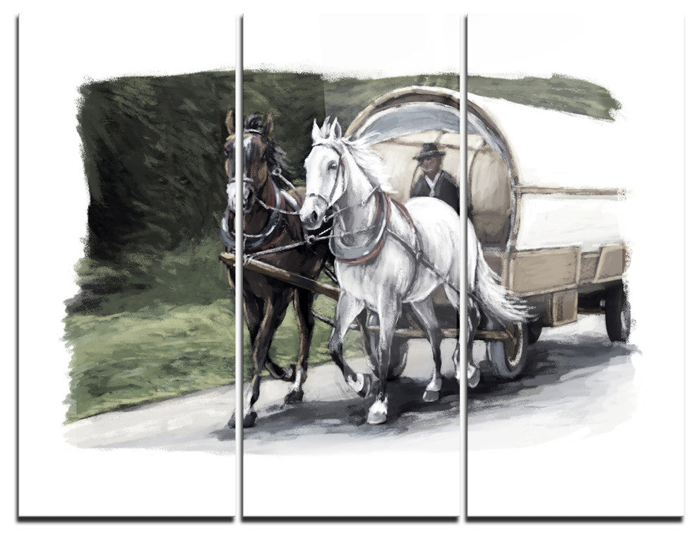 "Horse Cart Black and White" Metal Wall Art, 3 Panels, 36"x28"