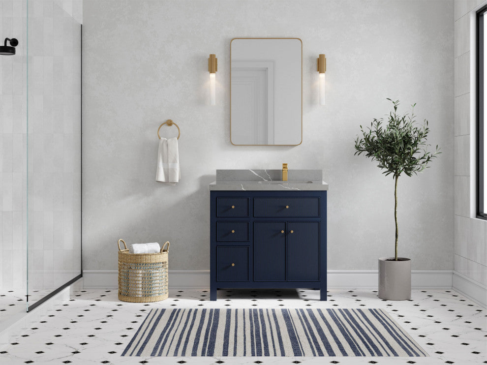Sonoma 36 Right Offset Reeded Bath Vanity in Hale Navy Blue 2" Piatra Gray