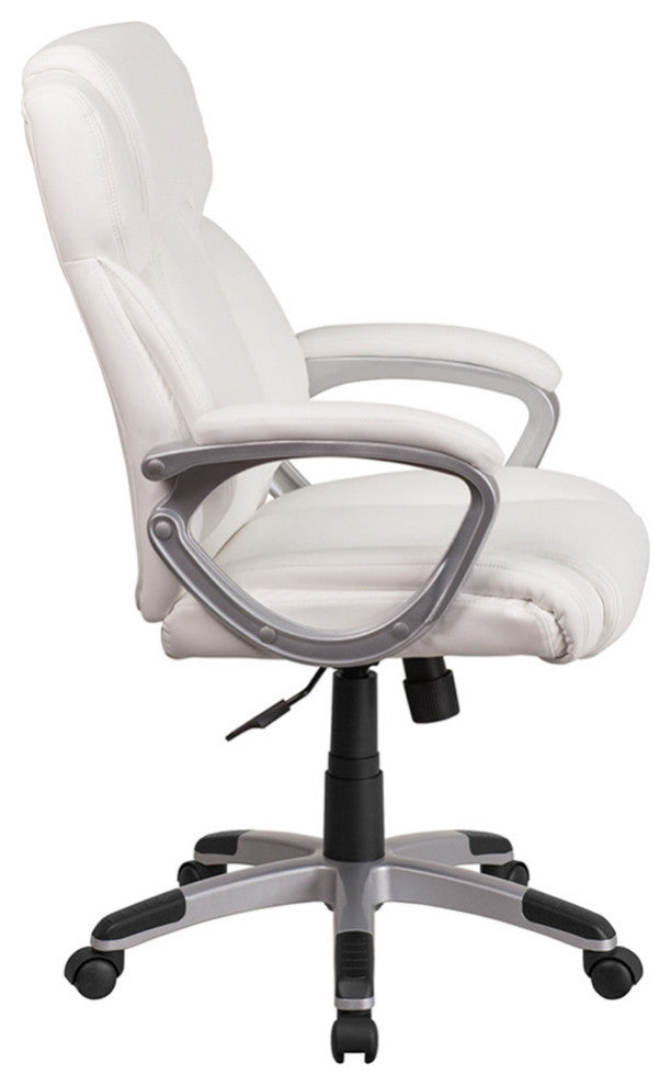 Mid-Back White Leather Executive Swivel Chair With Padded Arms