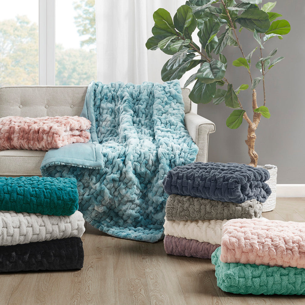 Madison Park Ruched Fur Throw, Teal