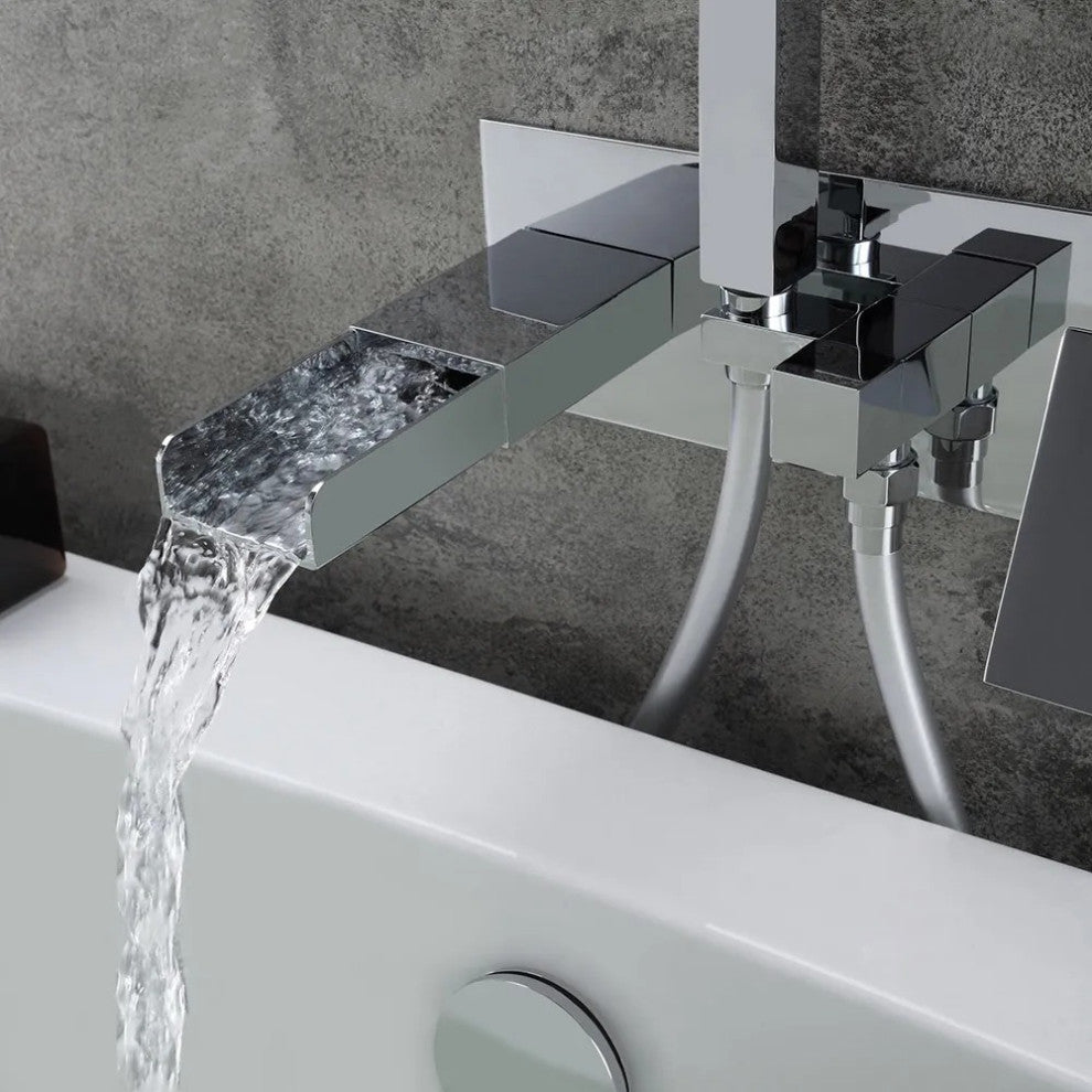 Modern Waterfall Wall-Mount Tub Filler Faucet, Handshower Chrome Solid Brass