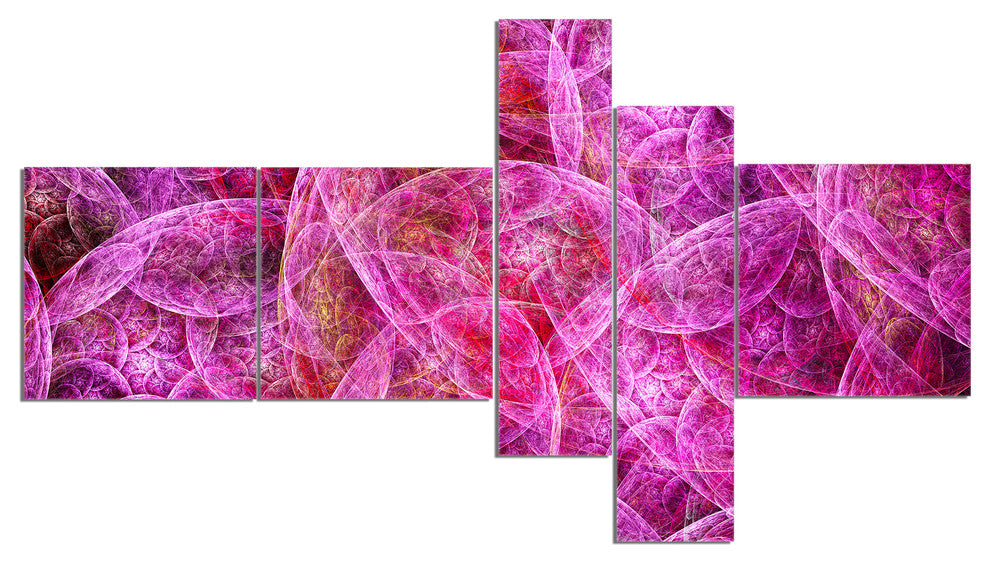 Pink Fractal Dramatic Clouds, Abstract Canvas Wall Art, 60"x32", 5 panels