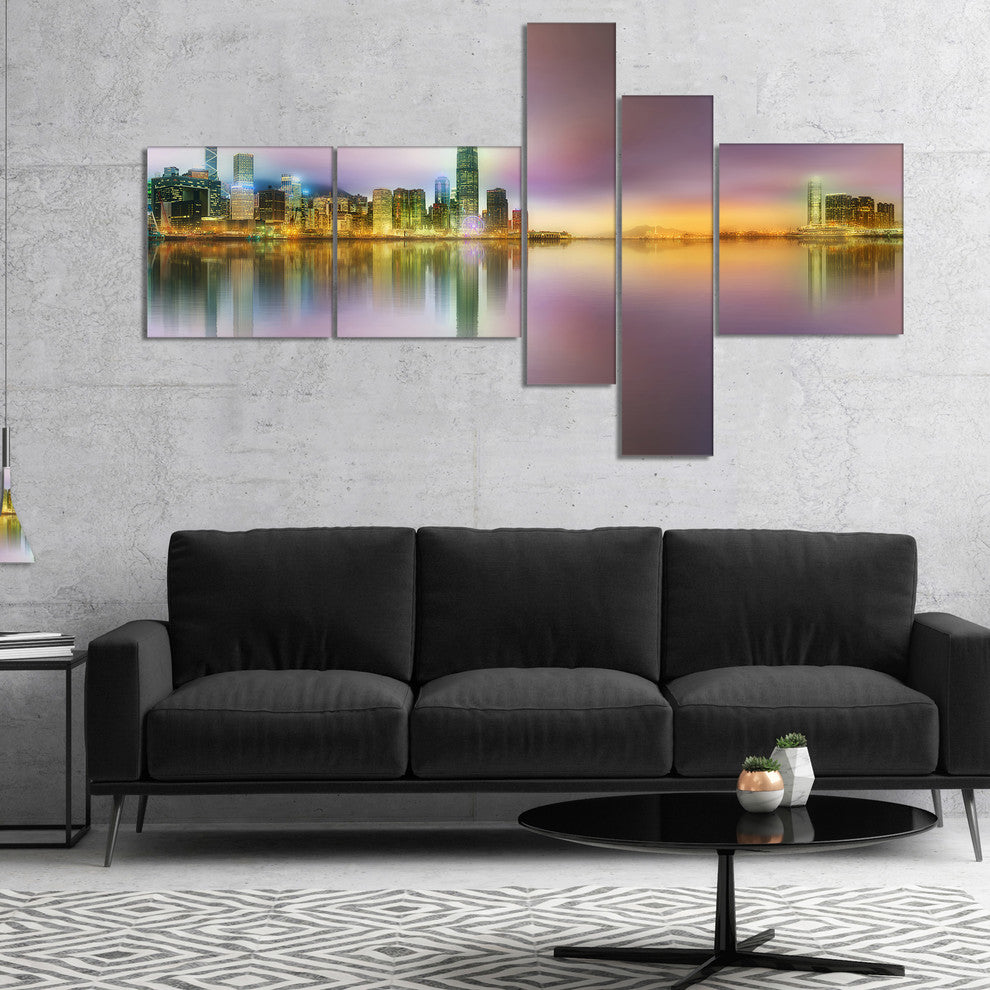 Hong Kong Panorama at Twilight, Cityscape Photo Canvas Print, 60"x32", 5 panels
