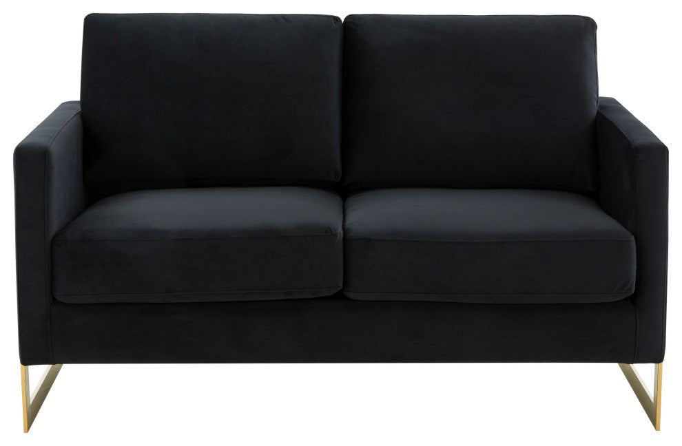 LeisureMod LA55BL Lincoln Midnight Black Mid-Century Velvet Loveseat Gold Frame