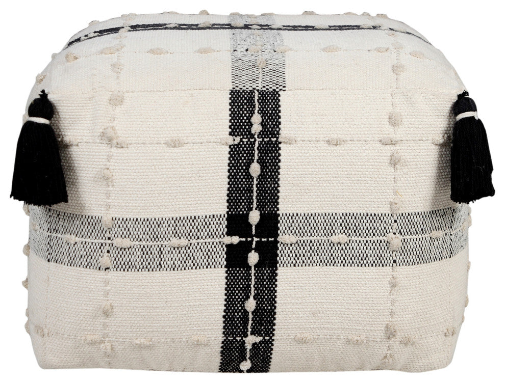 Black and Ivory Modern Textured Plaid Pouf Ottoman