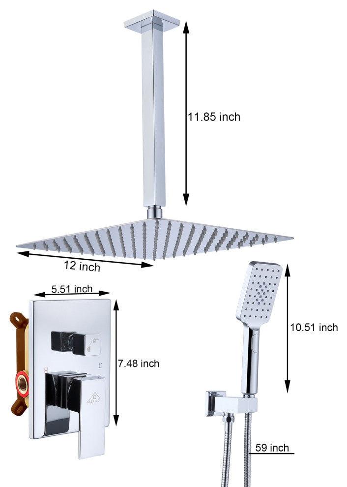 CASAINC 12" Ceiling Mounted Luxury Rainfall Shower Head System w Handheld Spray, Chrome