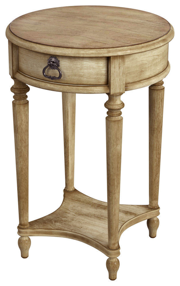 Jules 1-Drawer Round Accent Table, Antique Beige