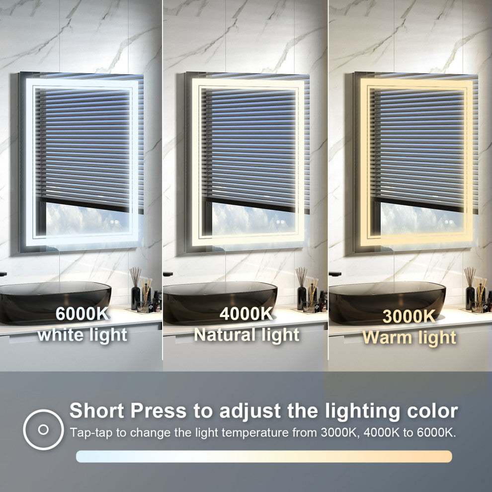 Frameless LED Lighted Bathroom Mirror With Defogger Dimmer, 28"x36"