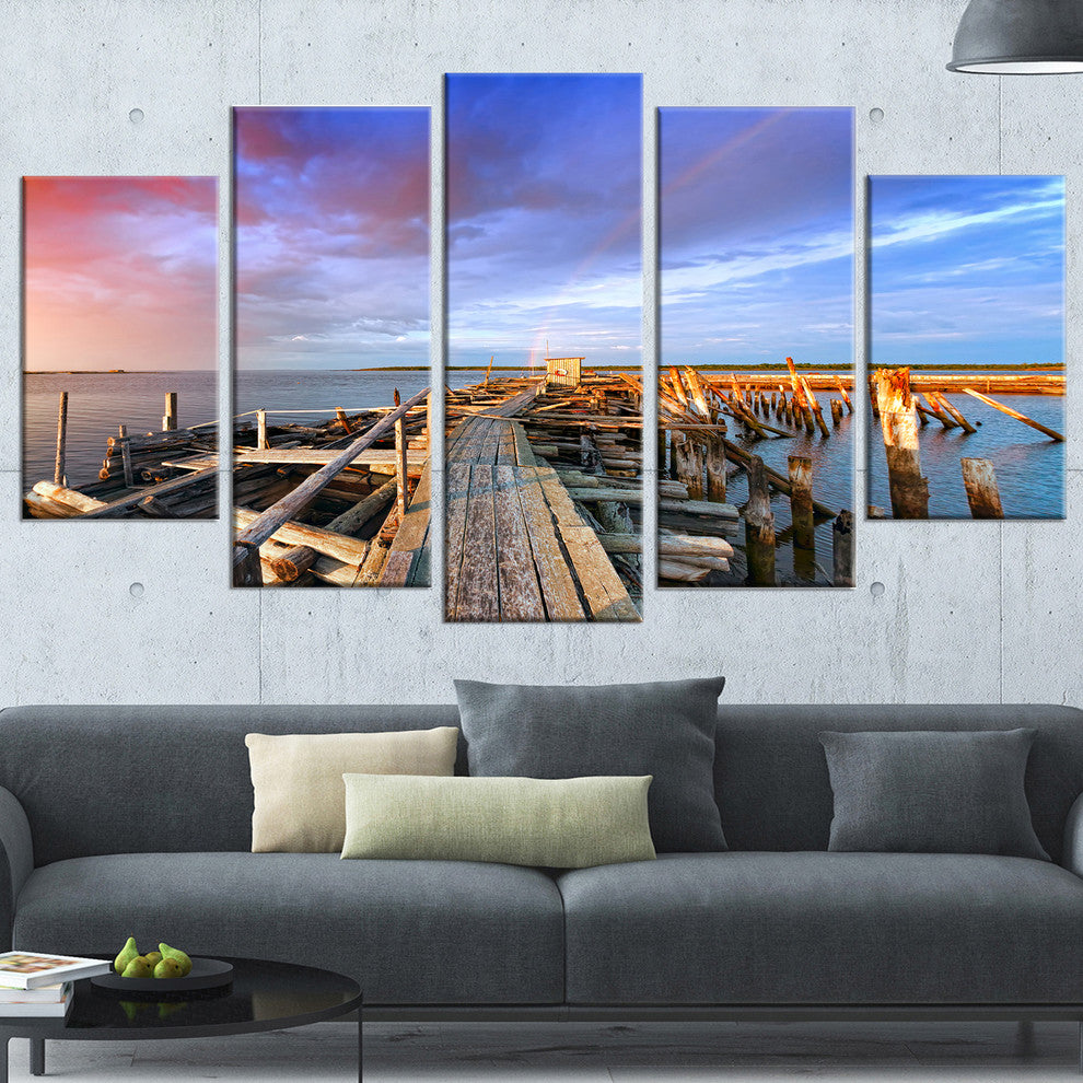 "Abandoned Wooden Pier And Blue Sky" Sea Bridge Wall Artwork, 5 Panels, 60"x32"