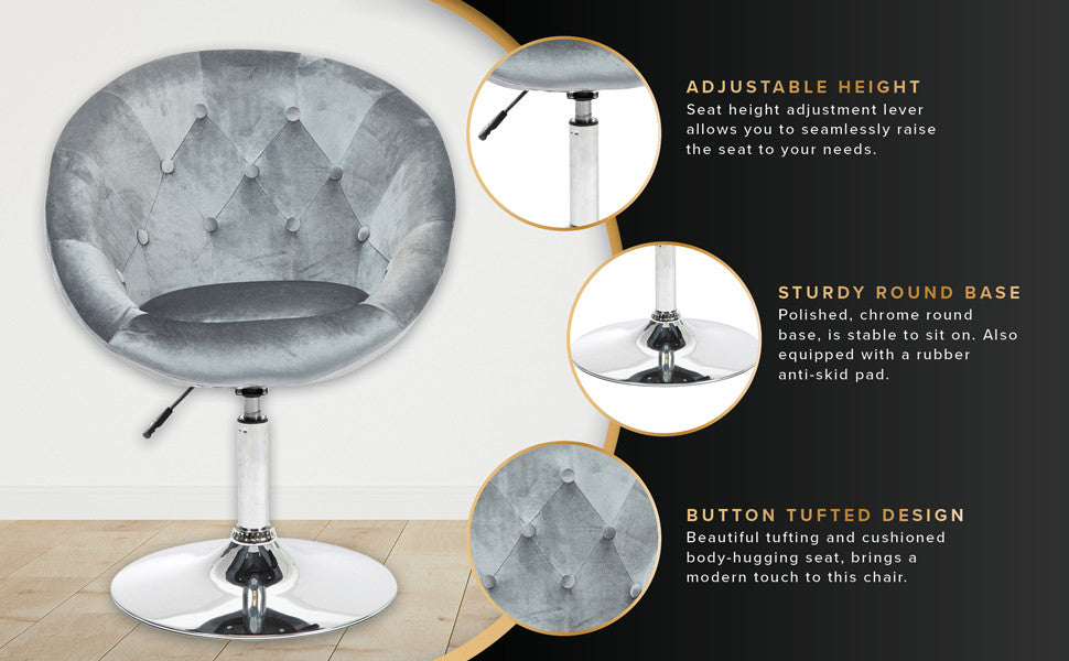 Antoinette Round Tufted Vanity Chair, Cool Gray Velvet