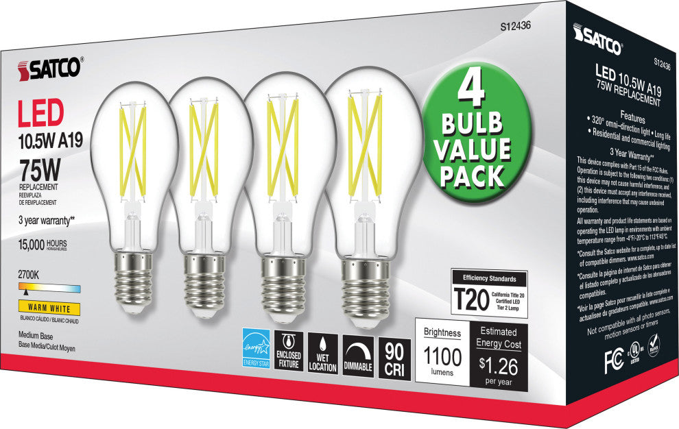 10.5W A19 LED, 75W Replacement, Clear, Medium Base, 2700K, 120V, 4-Pack