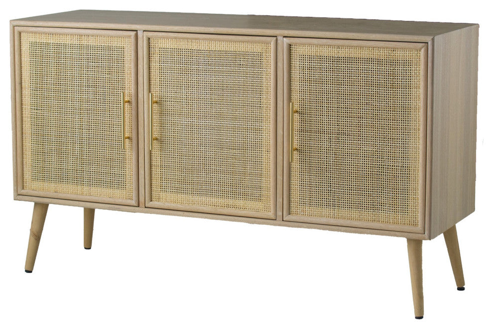 Benzara BM285268 TV Media Entertainment Console, 3 Rattan Doors, Modern, Brown