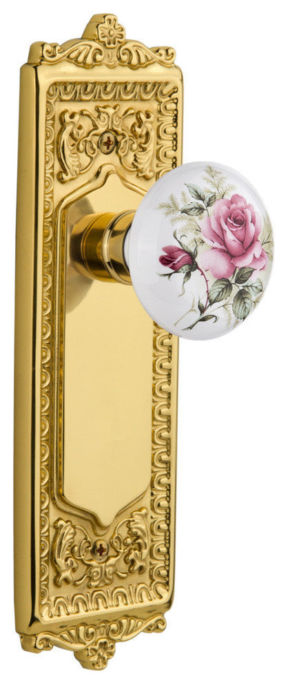 Single Egg and Dart Plate With Rose Porcelain Knob, Polished Brass