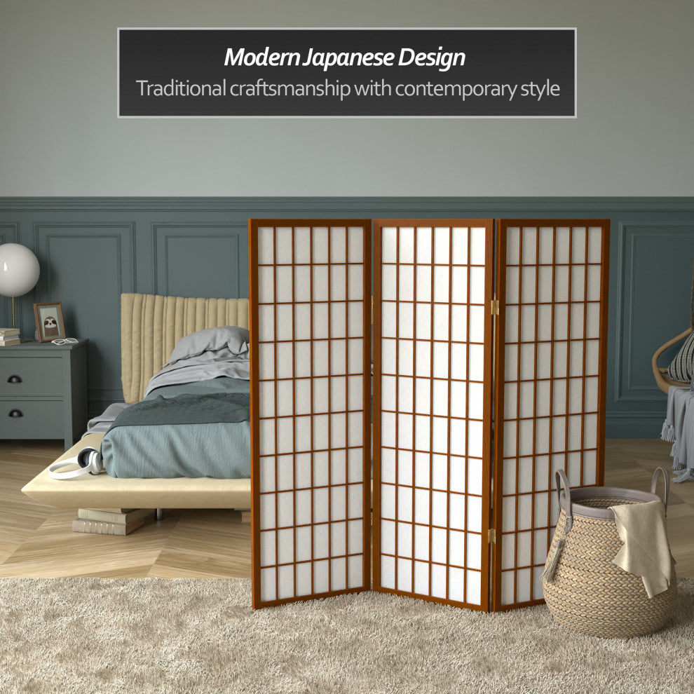 4' Tall Window Pane Shoji Screen, Walnut, 3 Panels