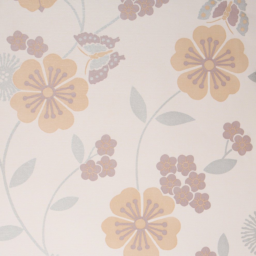 Flowers and Butterflies Wallpaper, Ivory