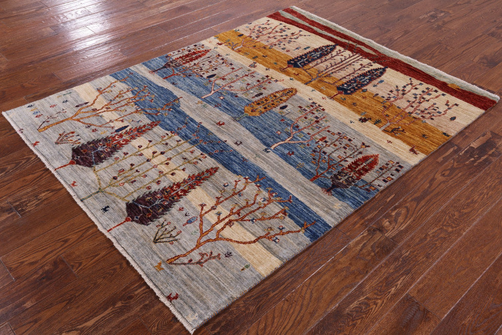 Tribal Persian Gabbeh Hand-Knotted Rug 4' 10" X 6' 3" Q5656