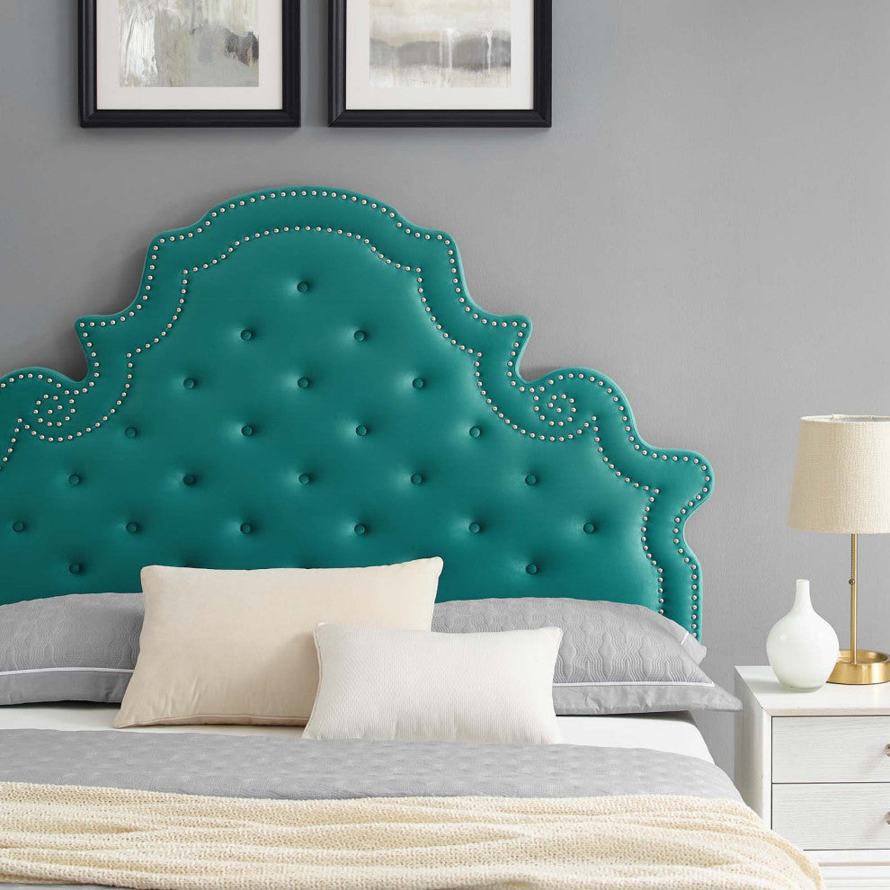 Tufted Platform Bed Frame, King Size, Velvet, Teal Blue, Modern Contemporary