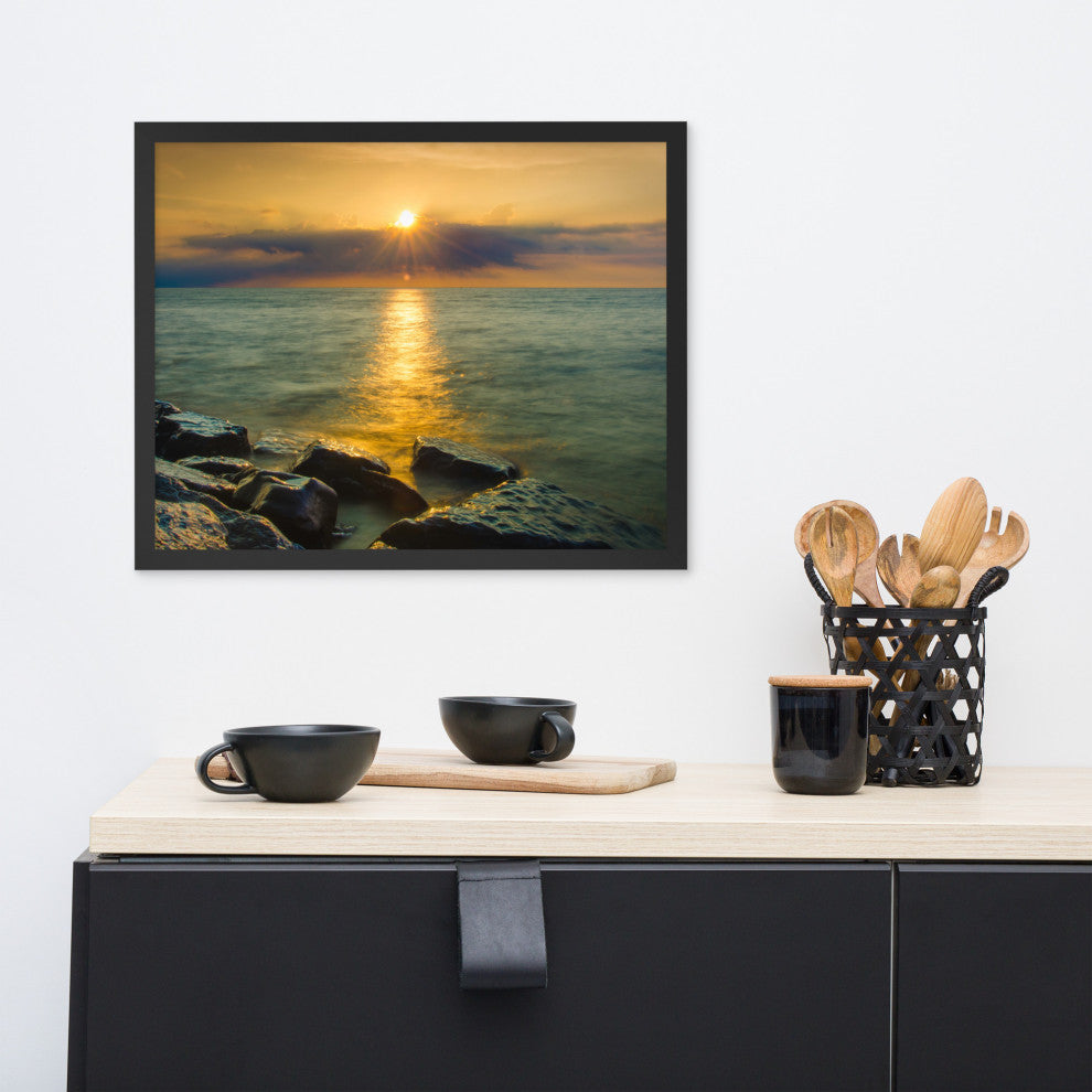 Sun Ray on the Water Coastal Landscape Framed Photo Paper Wall Art Print, Black, 16" X 20"