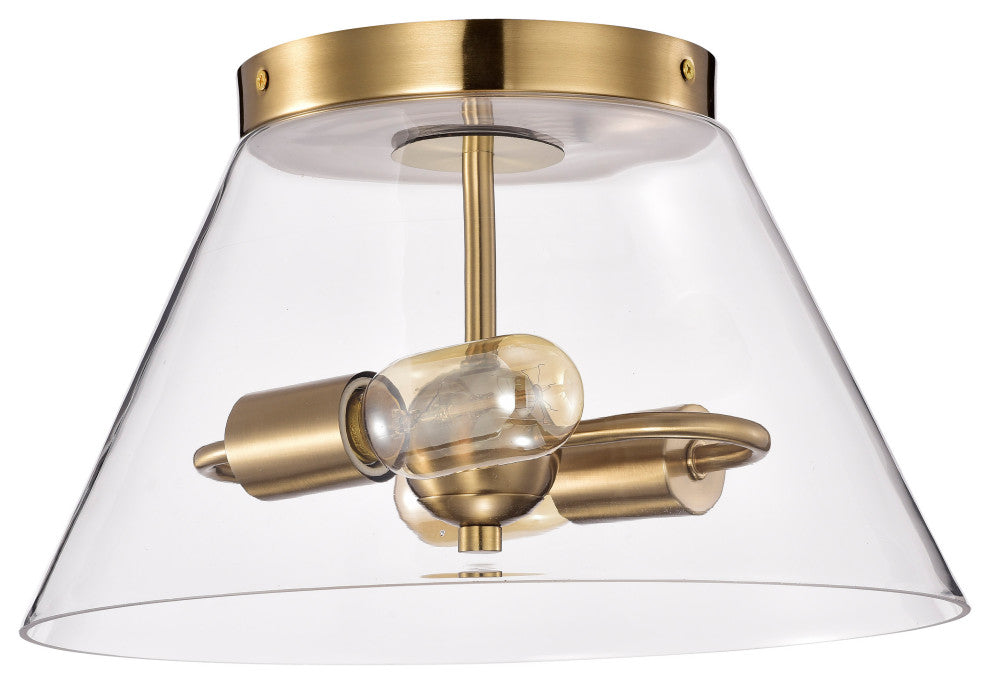Dover 2-Light Small Flush Mount Fixture, Vintage Brass With Clear Glass