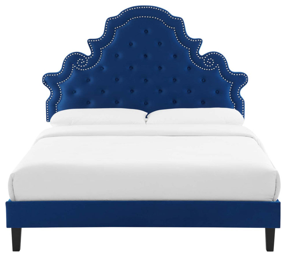 Tufted Platform Bed Frame, Twin Size, Velvet, Blue Navy, Modern Contemporary
