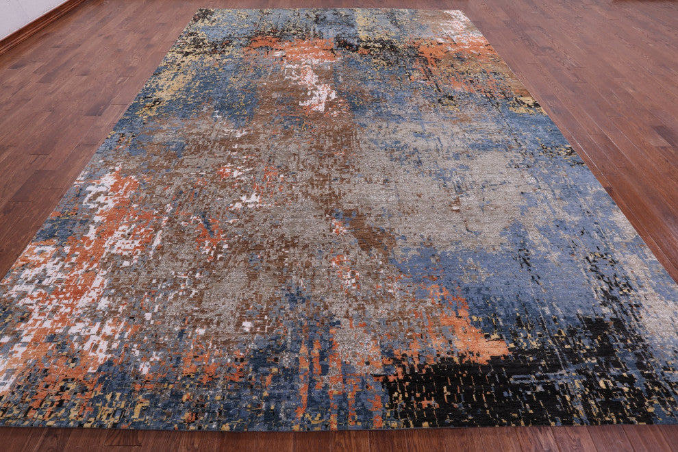 10' 2" X 14' 2" Wool and Silk Abstract Handmade Rug Q8863