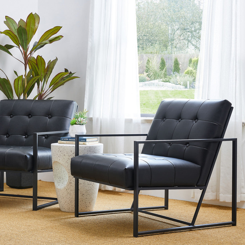 Modern Leatherette Accent Armchair With Black Metal Frame, Set of 2, Black