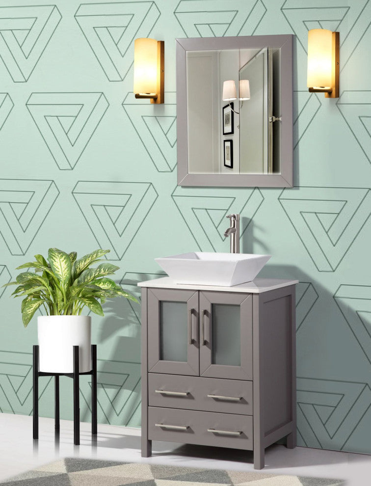 Vanity Art Bathroom Vanity Set With Sink, Gray, 24", Led Touch-Switch Mirror