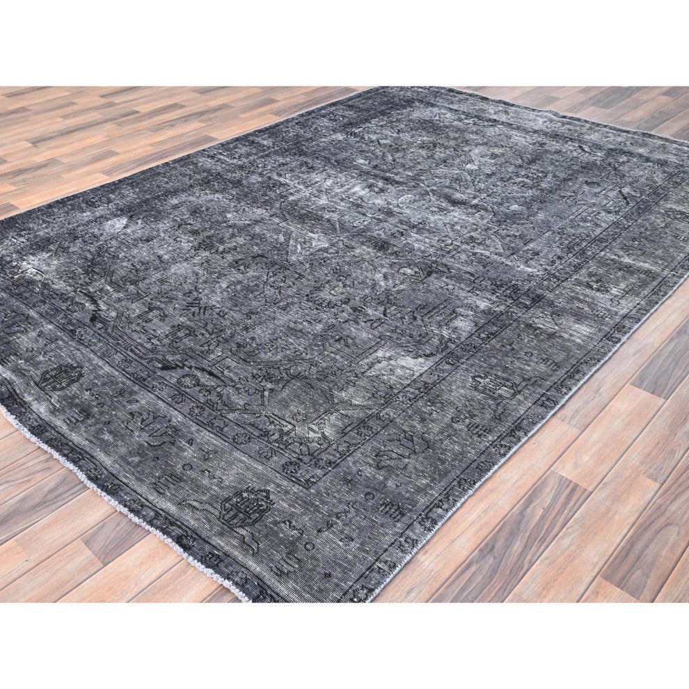 Slate Gray, Worn Wool, Hand Knotted, Vintage Persian Tabriz Rug, 6'6"x9'6"
