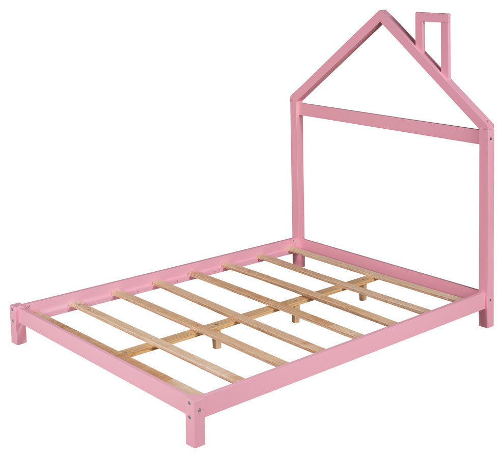 Gewnee Full Wood Platform Bed with House-shaped Headboard in Pink
