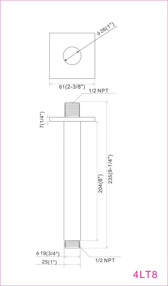 Vanity Art Brass Square Shower Arm, Chrome, 8"